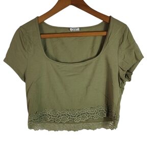 Cotton On Green Short Sleeve Crop Top Lace Trim